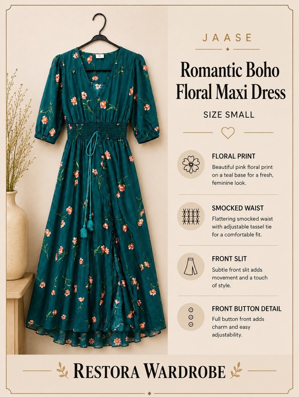 Jaase Romantic Boho Teal Floral Smocked Waist High Low Maxi Dress S